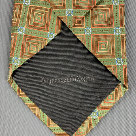 ERMENEGILDO ZEGNA Green Orange Squares Silk Jacquard Tie