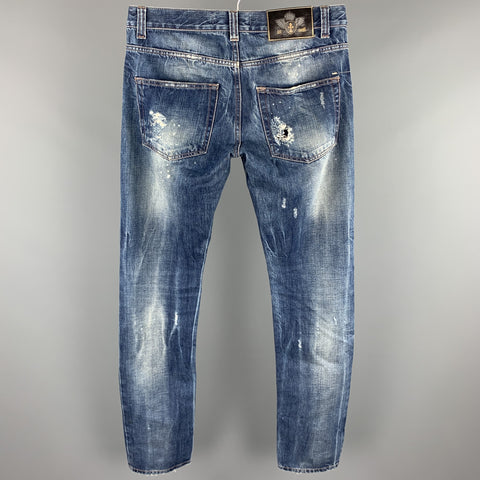 JUST CAVALLI Size 31 Indigo Distressed Denim Button Fly Low Rise Jeans