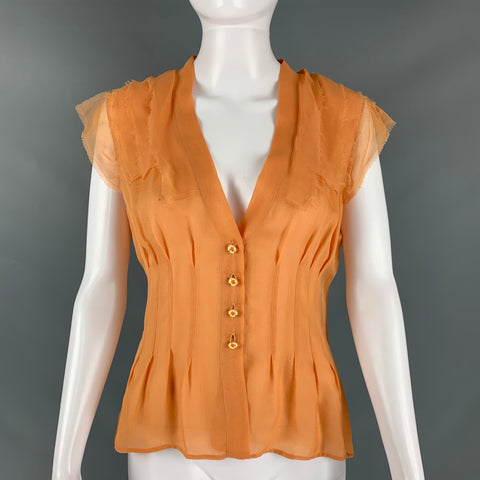 CHANEL P23066V12596 Talla 8 Top de vestido sin mangas plisado de seda naranja