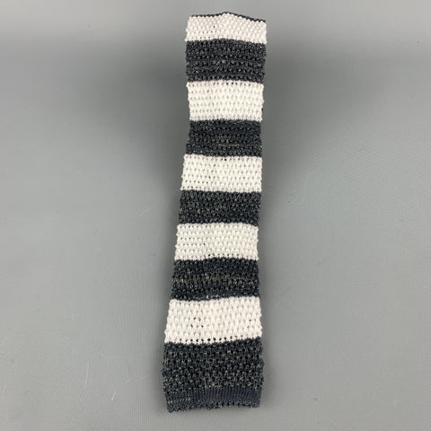 ISAIA Grey & White Striped Cotton / Linen Knit Skinny Tie