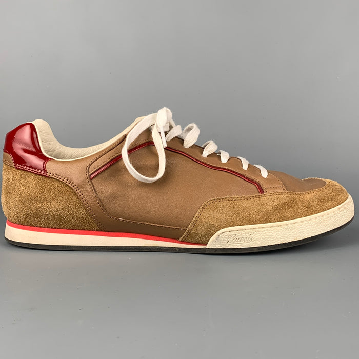 GUCCI Size 9 Tan & Red Suede Low Top Sneakers