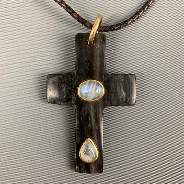 HENRY BEGUELIN Black Gold Leather Horn Cross Necklace