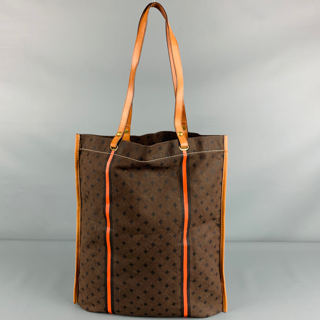 COLE HAAN Brown Orange Stripe Canvas Tote Handbag