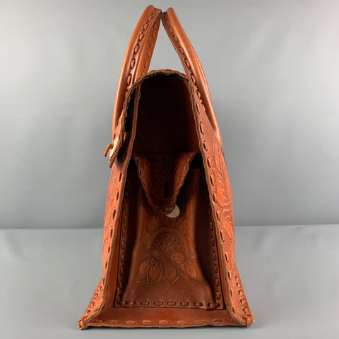 VINTAGE Tan Floral Antique Leather Carry-On Bag