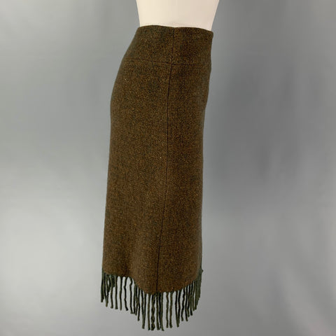 RALPH LAUREN Size 6 Olive Merino Wool Cashmere Heather Fringed Skirt