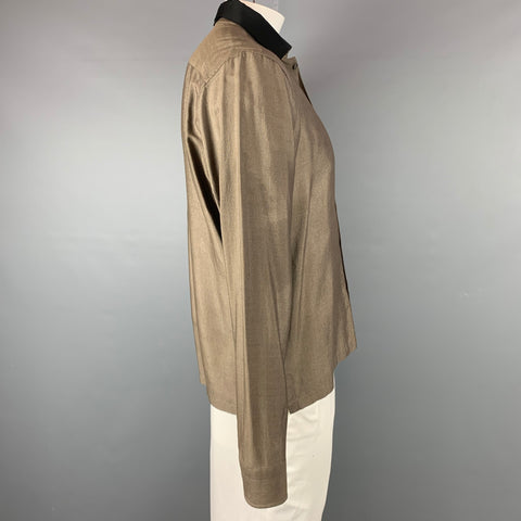 LANVIN Size XL Olive & Black Silk / Wool Long Sleeve Shirt