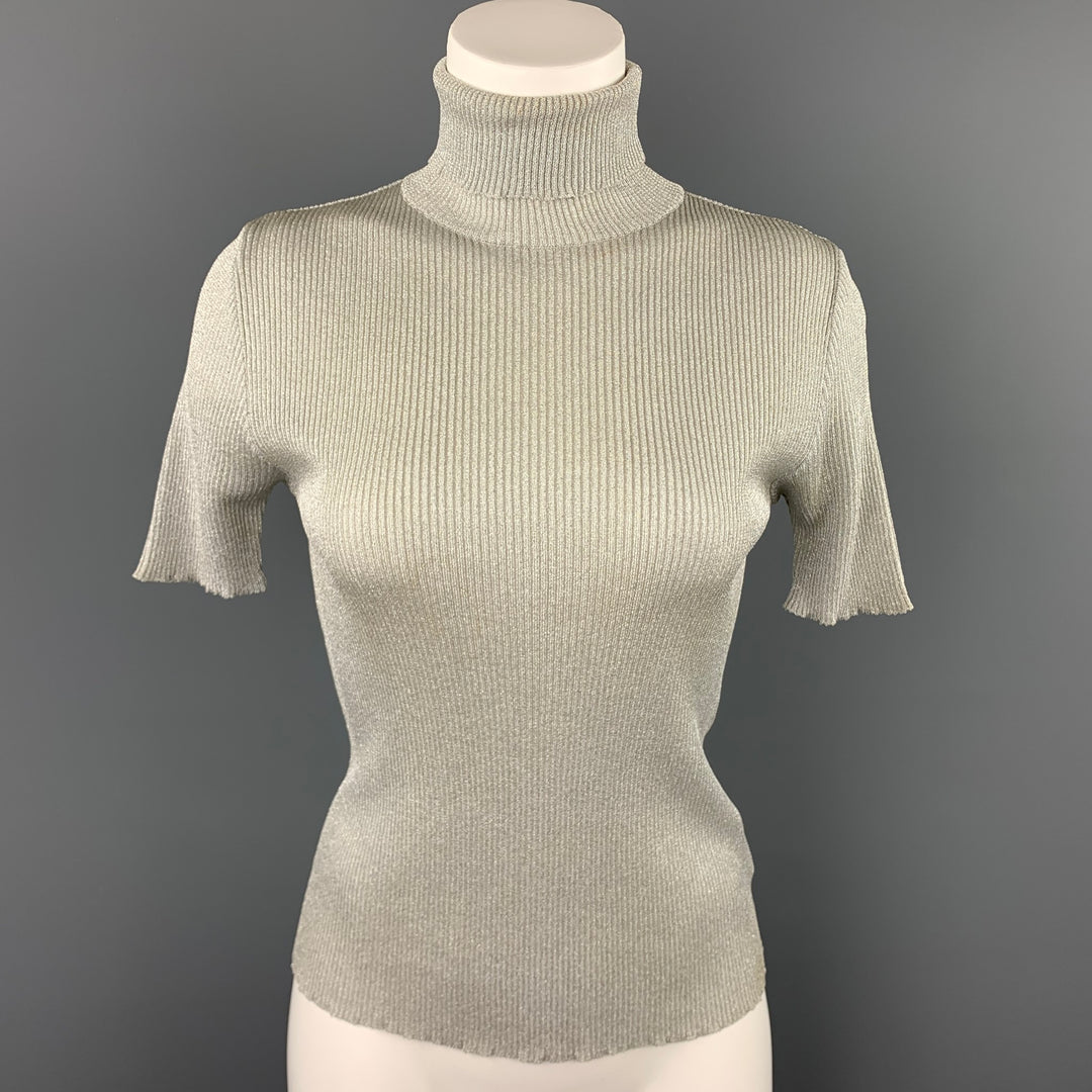 EVENEMENT Size M Silver Knitted Ribbed Viscose / Polyester Tutrleneck Pullover