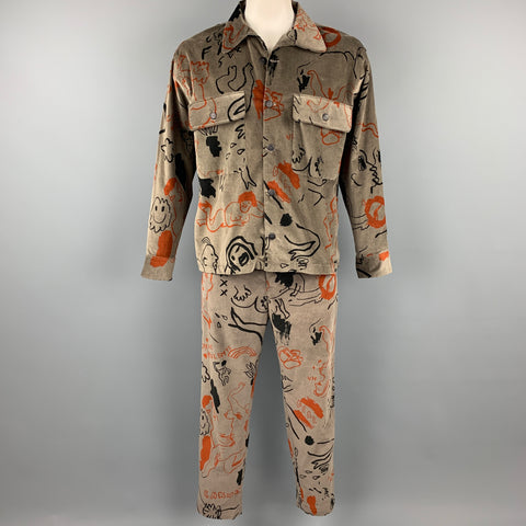 CARNE BOLLENTE Size L Taupe & Black Orange Graphic Cotton Velvet Suit