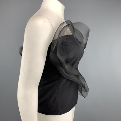 AKRIS Size 12 Black Cotton / Silk Strapless Mesh Ruffle Bustier Top
