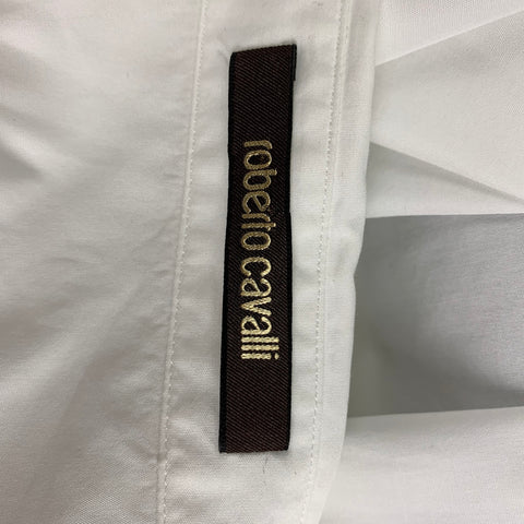 ROBERTO CAVALLI Size L White Embroidery Cotton Hidden Placket Long Sleeve Shirt