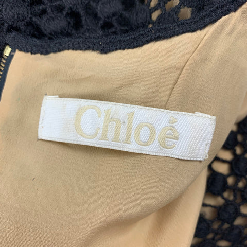 CHLOE Size 4 Black Beige Wool Cotton Crochet Double Layer Dress Top
