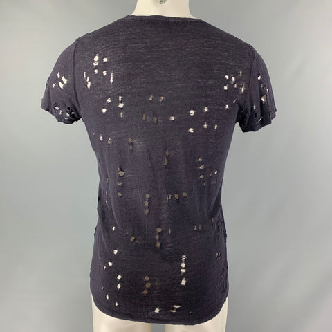 IRO Size XS Navy Distressed Linen Crew-Neck T-shirt