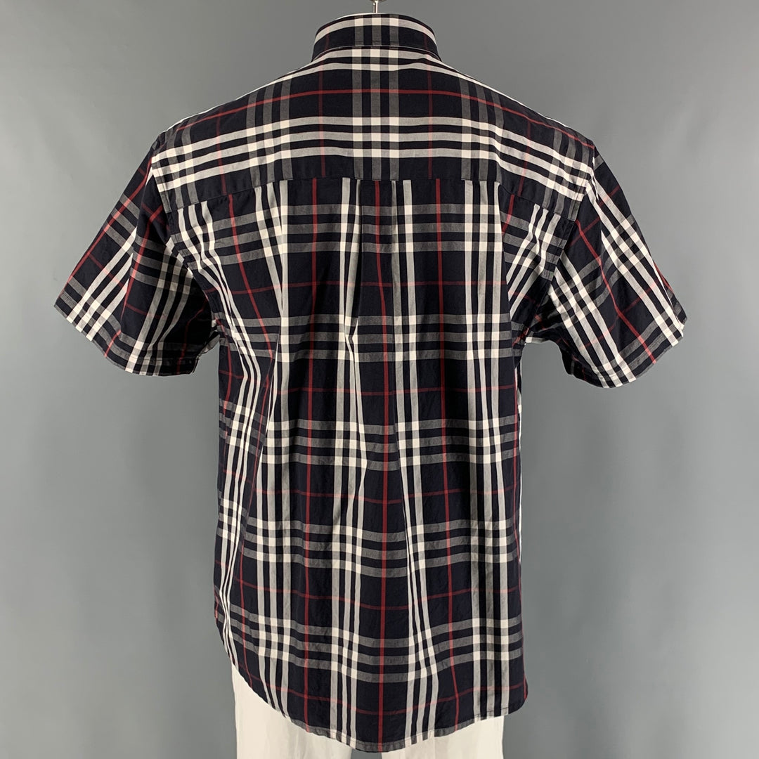 BURBERRY Talla L Camisa de manga corta con botones de algodón a cuadros blancos y rojos azul marino