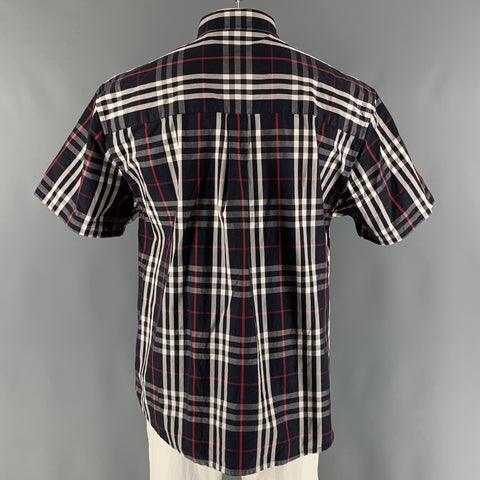 BURBERRY Size L Navy White & Red Plaid Cotton Button Down Short Sleeve Shirt