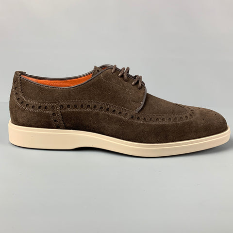 SANTONI Taille 9 Chaussures à lacets en cuir perforé marron à manches ailées