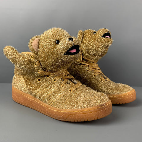JEREMY SCOTT x ADIDAS Size 11 Tinsel Gold Metallic High Top Bear Sneakers