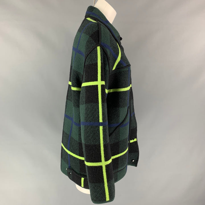 M MISSONI Taille S Manteau surdimensionné en laine vierge à carreaux tricoté vert et dos