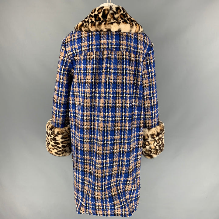 MARC JACOBS Size 2 Blue & Tan Wool / Polyamide Plaid Rabbit Fur Crystal Buttons Coat