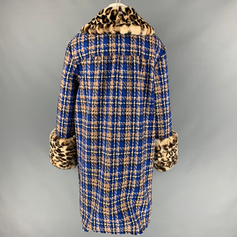 MARC JACOBS Size 2 Blue & Tan Wool / Polyamide Plaid Rabbit Fur Crystal Buttons Coat
