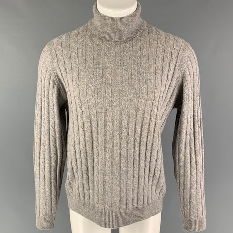 SAKS FIFTH AVENUE Size S Grey Cable Knit Cashmere Turtleneck Sweater