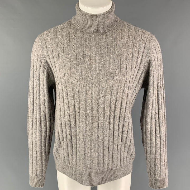 SAKS FIFTH AVENUE Size S Grey Cable Knit Cashmere Turtleneck Sweater