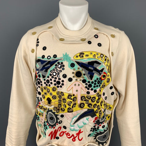 WALTER VAN BEIRENDONCK Woest F/W 16 Size M Cream Embroidery Cotton Crew-Neck Sweatshirt