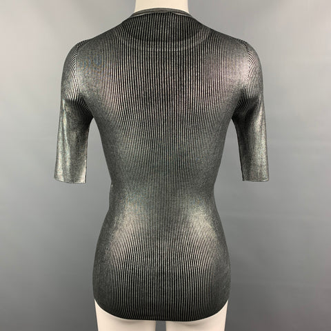 LOUIS VUITTON Size S Silver & Black Ribbed Silk Short Sleeve Pullover