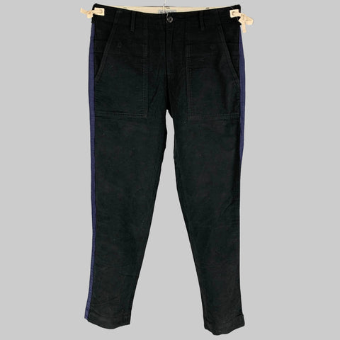 Black navy stripe cotton casual pants with adjustable side ties and a zip fly closure, displayed on a flat surface.