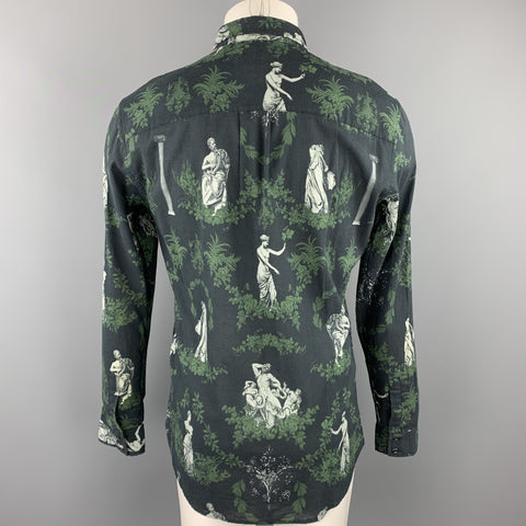 OSKLEN Size S Navy & Green Print Cotton Button Up Long Sleeve Shirt