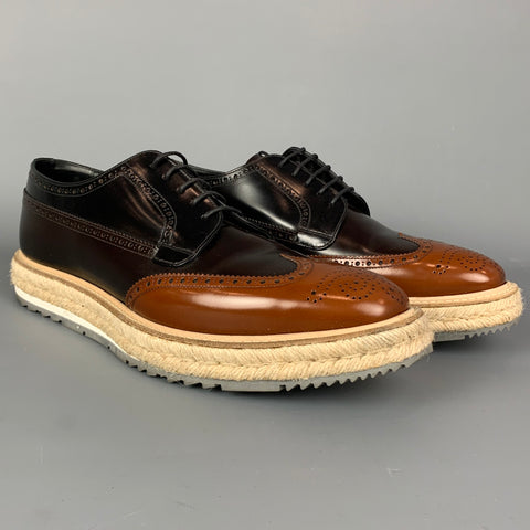 PRADA Size 10 Black & Brown Color Block Leather Wingtip Lace Up Shoes