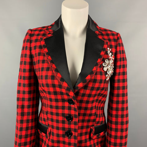 LOVE MOSCHINO Size 4 Red & Black Gingham Wool Rhinestone Jacket