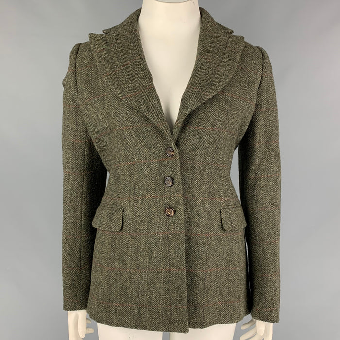RALPH LAUREN Purple Label Size 12 Olive Brown Herringbone Wool Peak Lapel Jacket