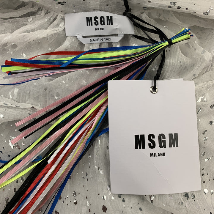 MSGM Size 8 White & Silver Metallic Splatter Silk Bow Collar Blouse
