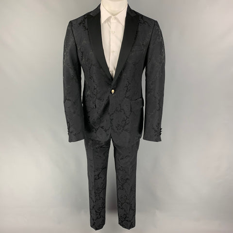 ETRO Size 38 Black Jacquard Wool Viscose Blend Peak Lapel Tuxedo Suit