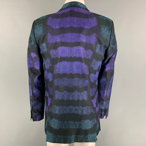 ROBERTO CAVALLI Size 42 Black Purple Print Silk Peak Lapel Sport Coat