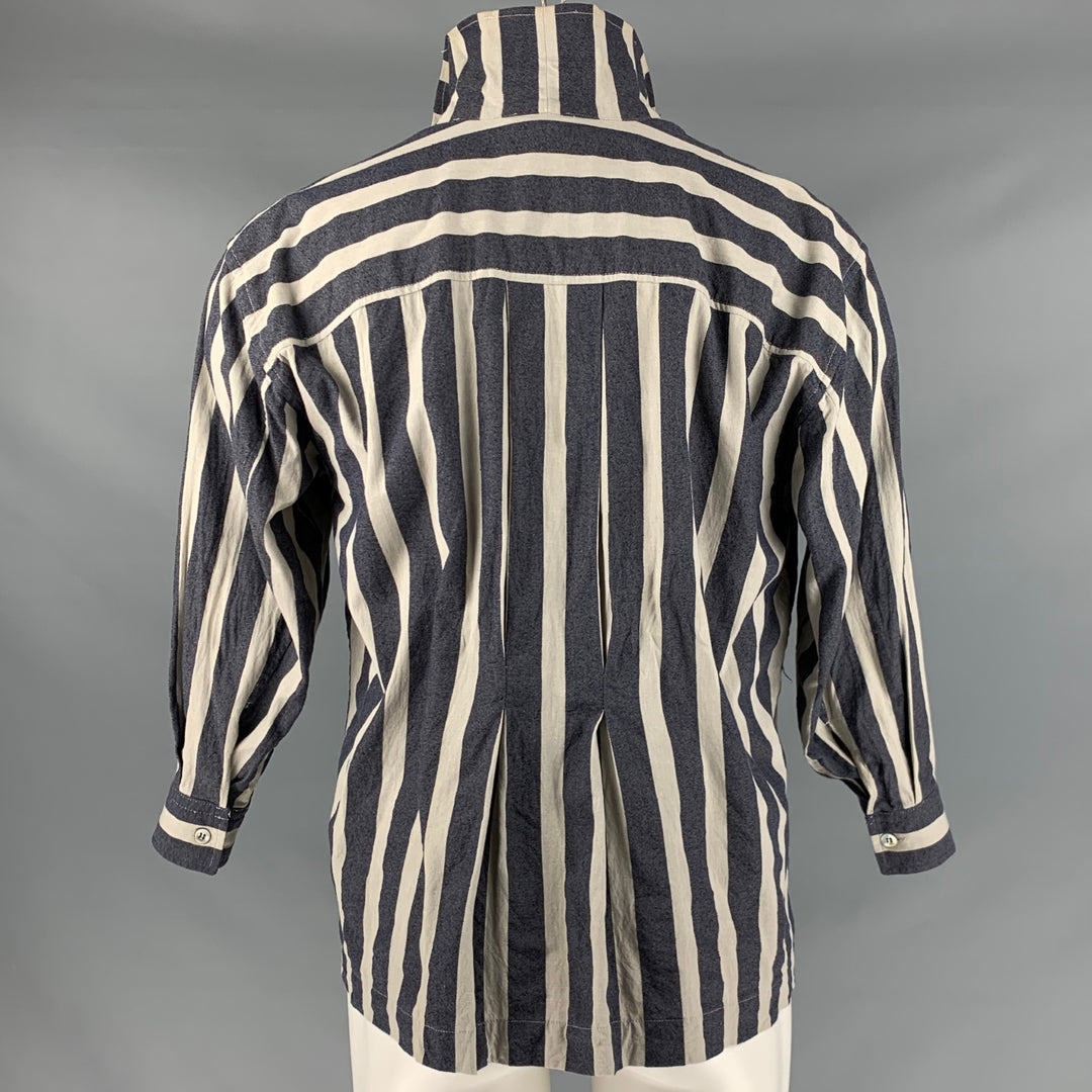 ISSEY MIYAKE Size S Grey Navy Stripe Cotton 3/4 Sleeves Long Sleeve Shirt