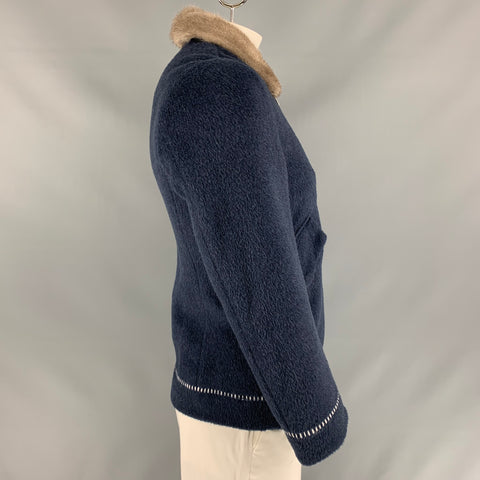 NOT LISTED Size 44 Navy Grey Textured Mink Zip Up Jacket