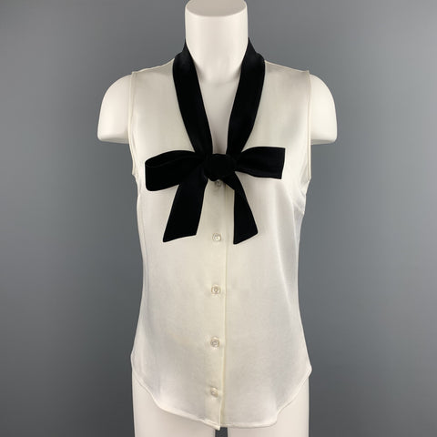 MICHAEL KORS Size 6 White Crepe Black Tie Sleeveless Blouse