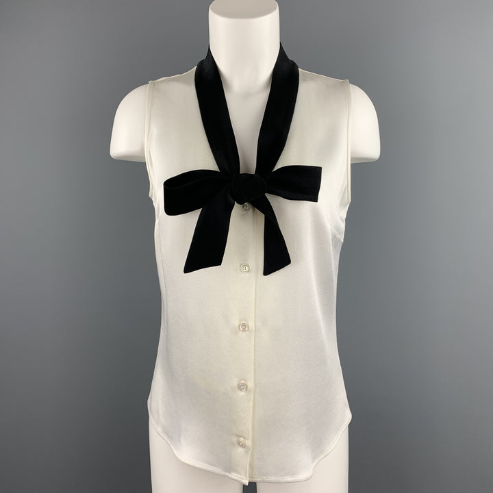 MICHAEL KORS Size 6 White Crepe Black Tie Sleeveless Blouse