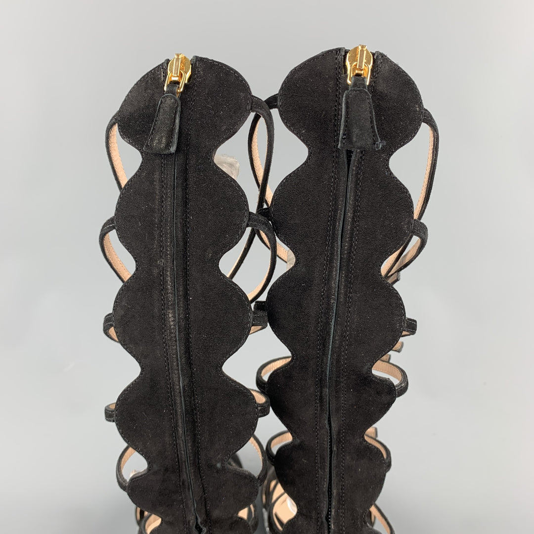 GIAMBATTISTA VALLI S/S 2016 Size 8 Black Suede Glitter Gladiator Sandals