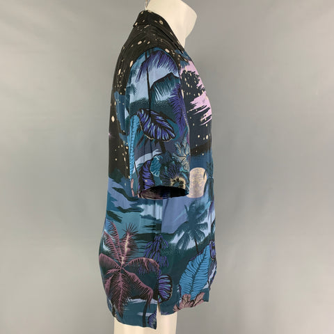 PAUL SMITH Size M Blue Navy Palms Viscose Button Down Short Sleeve Shirt