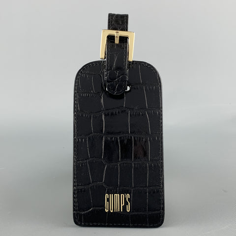 GUMP'S Embossed Black Leather Alligator Gold Logo  Luggage Tag