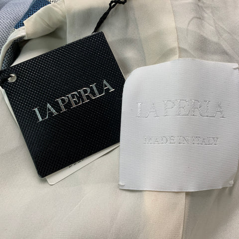 LA PERLA Taille M Bleu Off White Damier Soie Lin Ceinture Robe