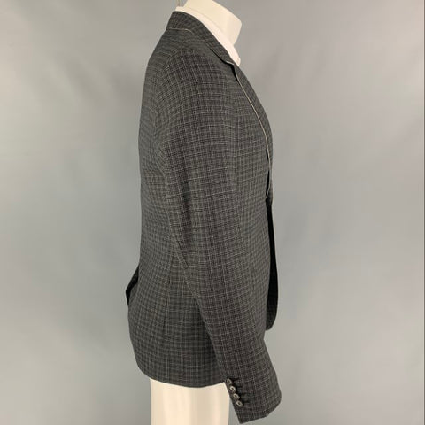 LANVIN Size 38 Navy Grey Plaid Wool Notch Lapel Regular Sport Coat