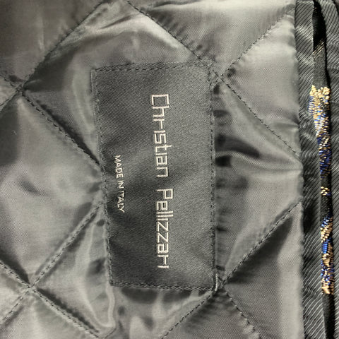 CHRISTIAN PELLIZZARI Size 36 Black Blue Silver Jacquard Acetate Blend Peak Lapel Coat Suit