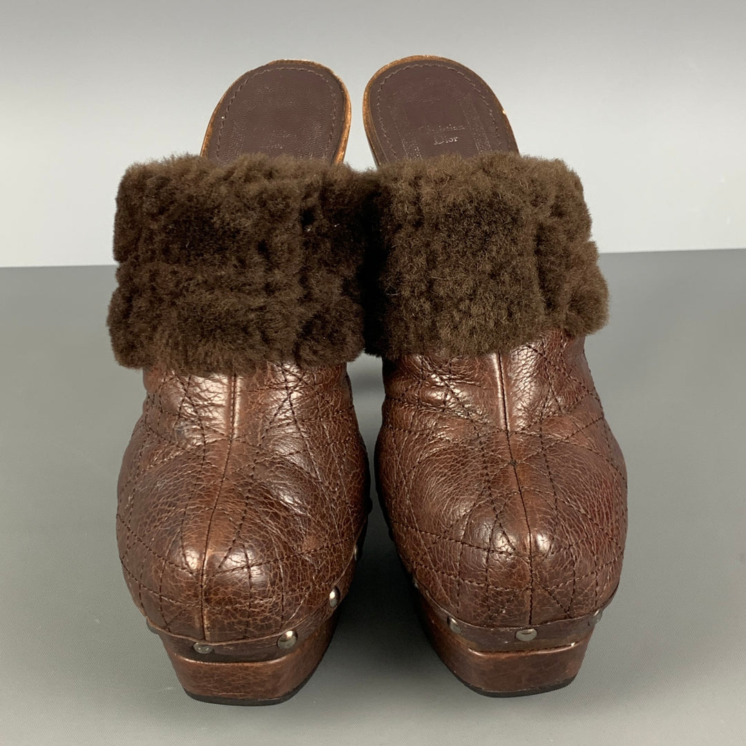 CHRISTIAN DIOR Size 8 Brown Leather Waffle Shearling Clog Pumps