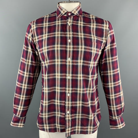 HARTFORD Size XL Burgundy & Brown Plaid Cotton Button Up Long Sleeve Shirt