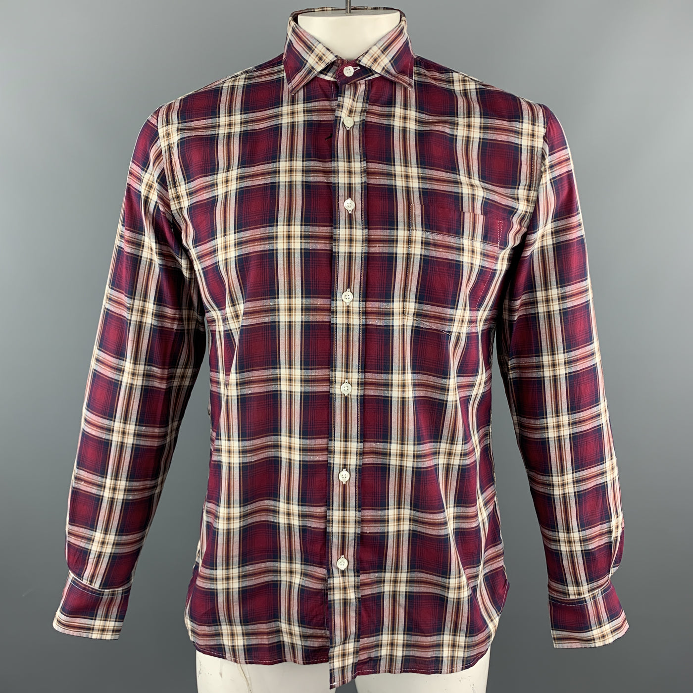 HARTFORD Size M Burgundy & Brown Plaid Cotton Button Up Long Sleeve Shirt