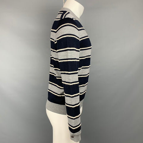 SALVATORE FERRAGAMO Size M Grey & Navy Stripe Wool / Mohair Crew-Neck Pullover