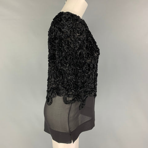 DRIES VAN NOTEN Size S Black Silk Ruffled Crew-Neck Dress Top